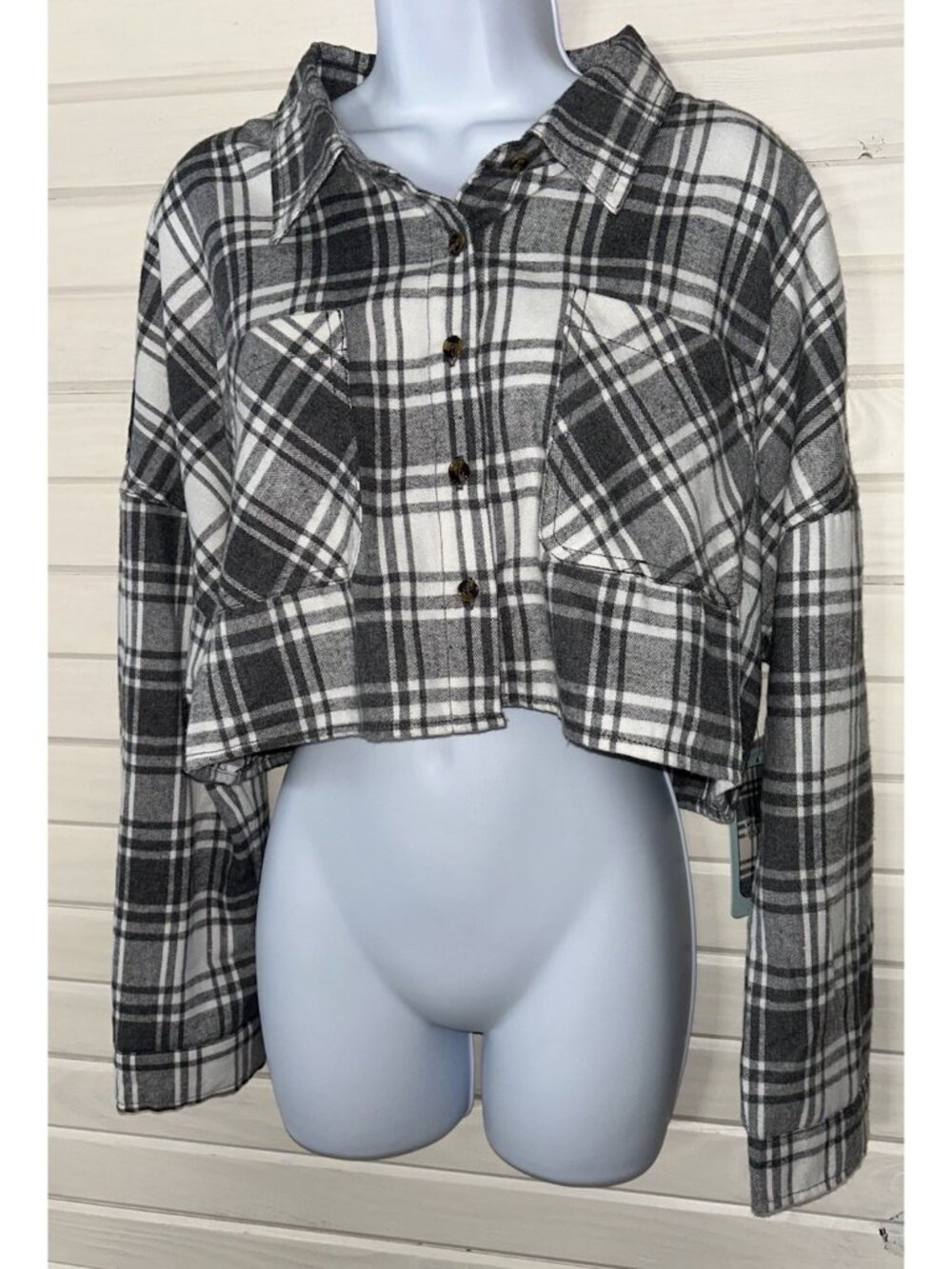 NWT Ci Sono Cavalini Sz LARGE Gray White Flannel Plaid Cropped Shirt 100% Cotton